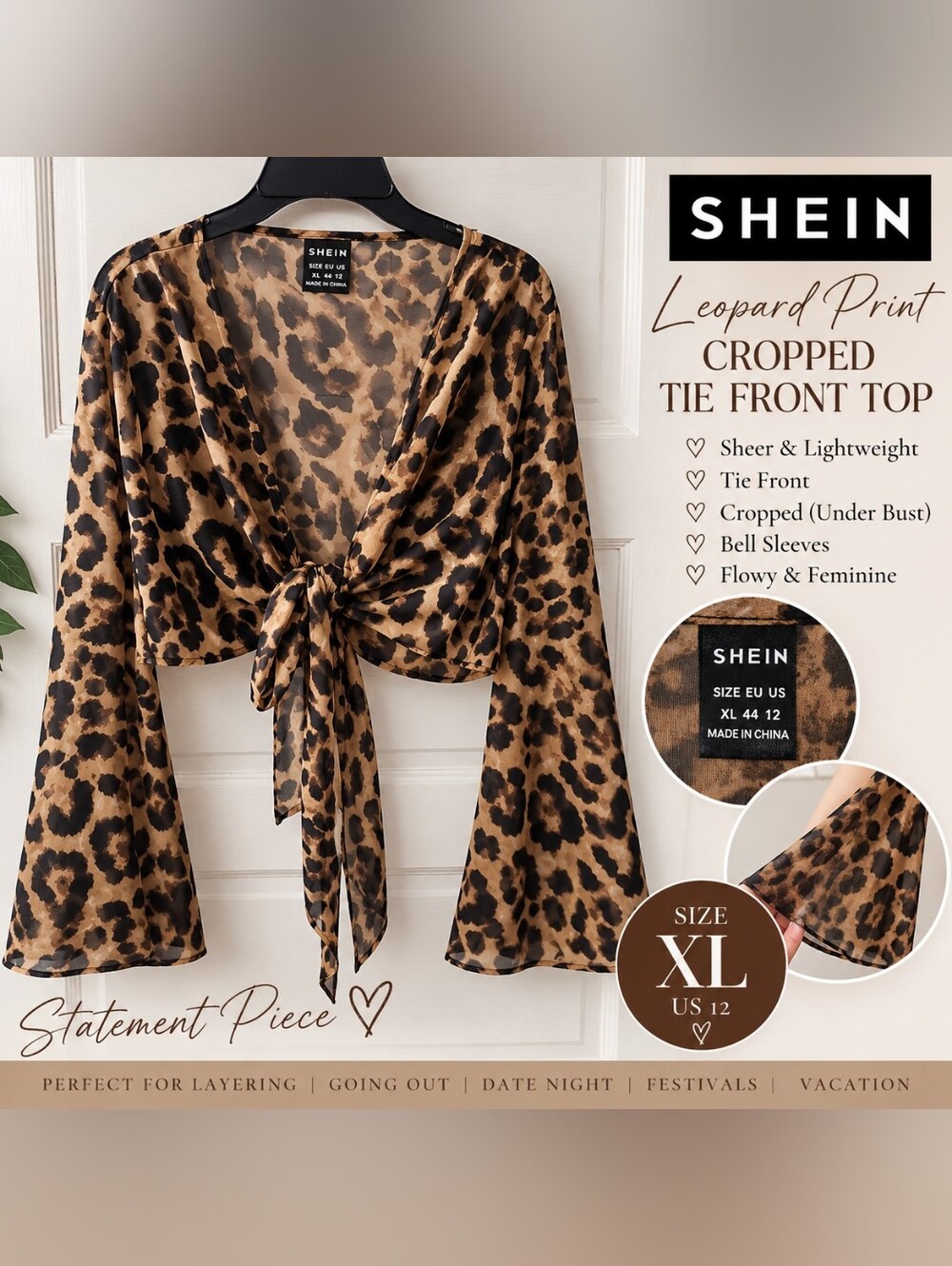 SHEIN Brown and Black Leopard Tie-Front Cropped Top